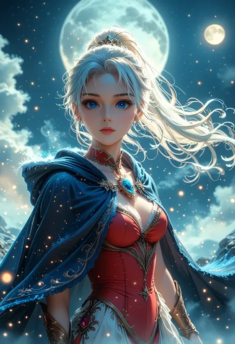 masterpiece, (Best quality: 1.2), (super excellent: 1.2), illustration, (Incredibly soft and beautiful: 1.2), film angle, floating, (Beautiful detailed eye: 1.1), (detailed light: 1.1), Film Light, Tender sky, woman, White hair, Blue eyes, (high ponytail: ...