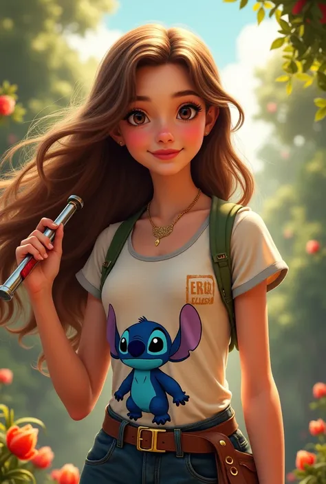 Disney movie cover of pretty girl named Grace with brown hair and wearing Stitch clothes with a Stanley


