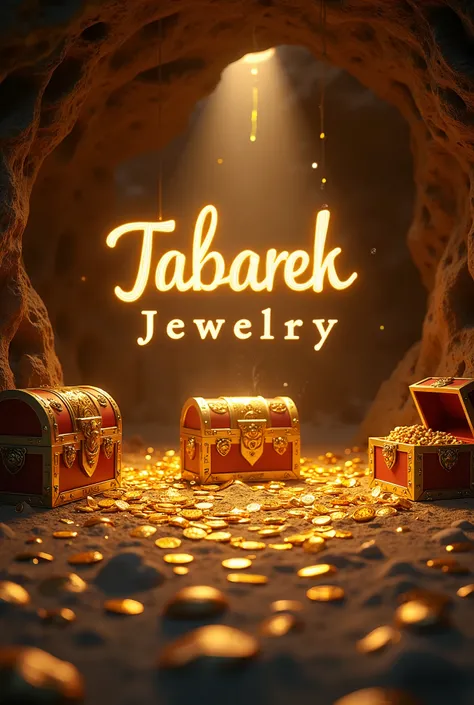 "A breathtaking animated video set in a mystical treasure cave. The scene showcases treasure chests overflowing with gold coins and shiny gold bars. The camera pans through the cave, highlighting the glowing treasure illuminated by flickering torchlight. S...