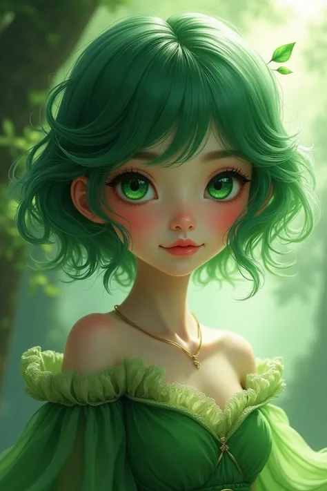 A girl with green skin, green eyes and green short wavy hair with red rosy cheeks, long eyelashes and a green dress