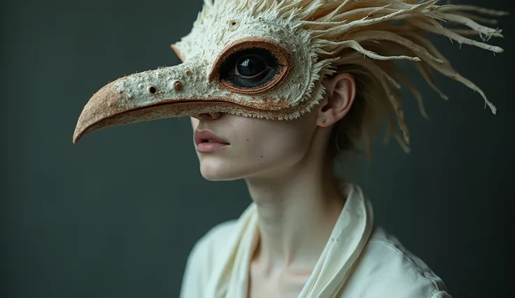 (Surreal portrait:1.4) photo of a figure wearing an intricate bird-like headdress, with a pronounced beak and deep, dark eyes, (textured organic fabric mask:1.2), pale ethereal complexion with delicate freckles, draped in flowing avant-garde garment, tight...