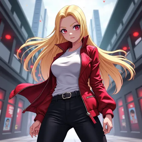 → My Hero Academia oc Girl with long straight blond hair, red eyes, Black pants, White long-sleeved shirt and Red Leather jacket