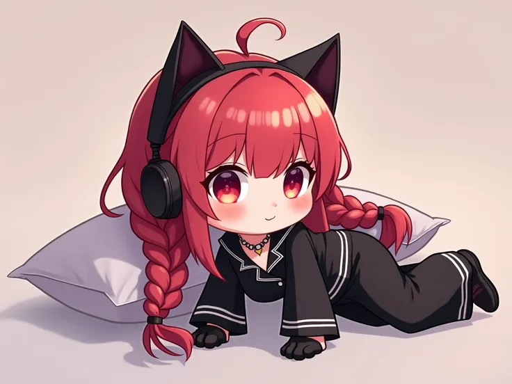  create a girls 2D Twitch emote icon,  chibi anime, human,  with hair consisting of two huge braids behind ,  red hair color with medium low saturation , Classic fringe, white pele,  two strands on top of the hair , Light red eyes, small bust,  Black pajam...