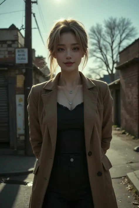 In a retro style reminiscent of film photography, this masterpiece portrait captures a lady against a backdrop of power lines, a sign, and a puddle. The scene is set in a dark, epic scenery featuring an old building with brick walls, trees, and various oth...