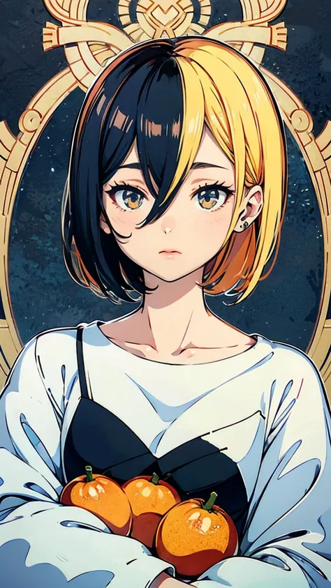 Create one only character that looks like a daughter or son of [based on] Ichigo Kurosaki and Rukia Kuchiki from Bleach (looks alike if theyve had a  together), on the same draw art style as the peak of Tites Kubo work! Make it characteristics between Kazu...