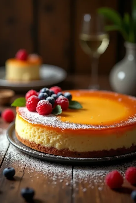 New York Style Cheesecake,  The scene should be captured in warm, inviting lighting with a slight grainy texture, reminiscent of an old camera. The composition should convey a casual yet appealing presentation that highlights the dishs homemade charm. Ensu...