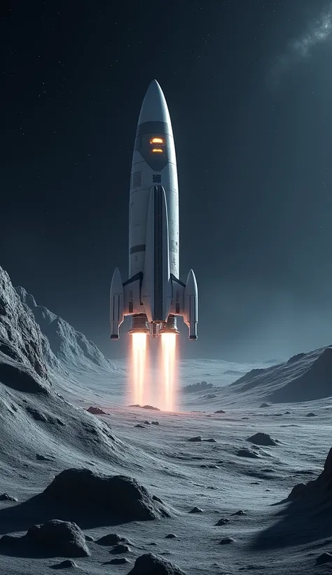 The rocket nears the moon’s cratered surface. The rocket is sleek and modern, with glowing lights on its sides and thrusters gently pushing it forward. The moon’s gray, rocky surface dominates the foreground, with a view of distant stars.