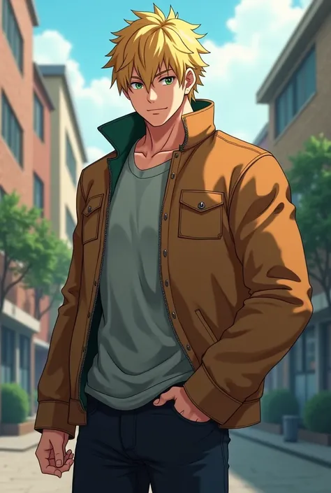 19-year-old anime man, messy blonde hair, green eyes, strong, big and fit body, tan skin, 198 centimeters tall, casual, kind. With a jacket