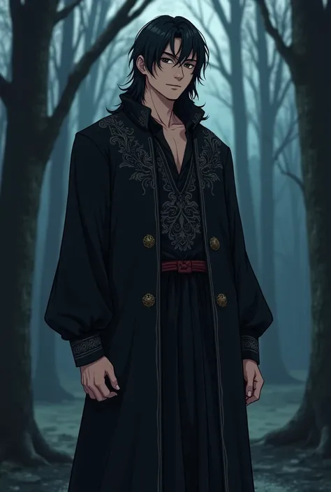  A guy aged 27 .  In anime style, he stands full-length . The body is slightly muscular ,  dressed in Slavic clothes with black embroidered shirts. against the background of a night forest . And hes Viy from Ukrainian mythology .
face:  oval ,  but with a ...