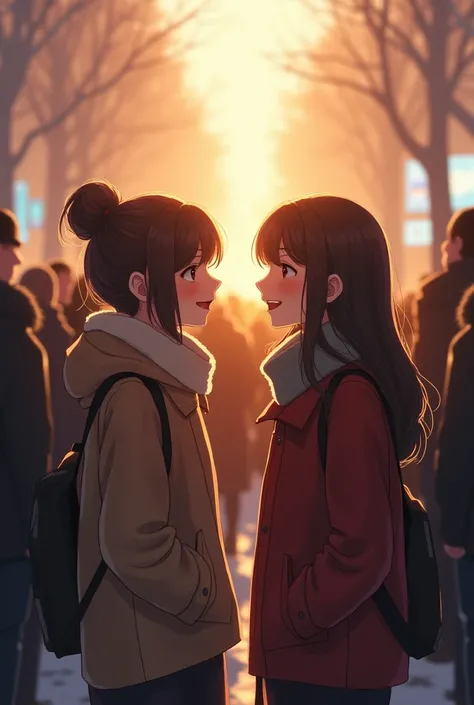 Two girls who are friends meeting and sharing a piece of sunshine looking at each other and surrounded by warmth in the cold crowd that surrounds them