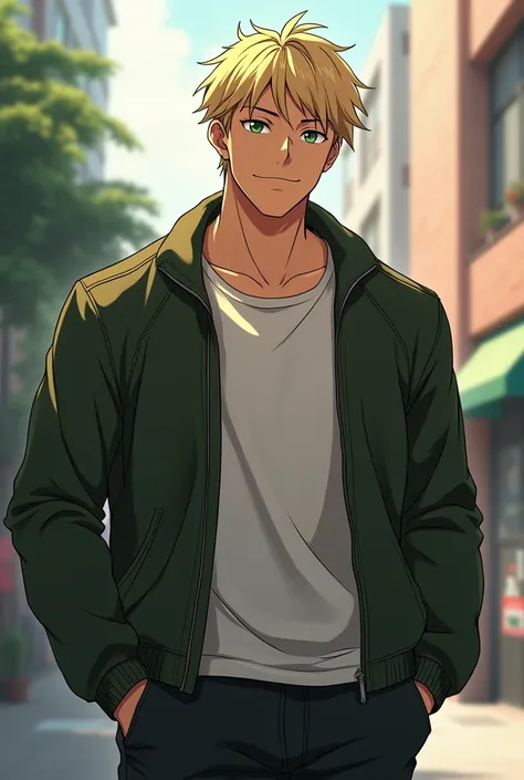 19-year-old anime man, messy blonde hair, green eyes, strong, big and fit body, tan skin, 198 centimeters tall, casual, kind. With a jacket