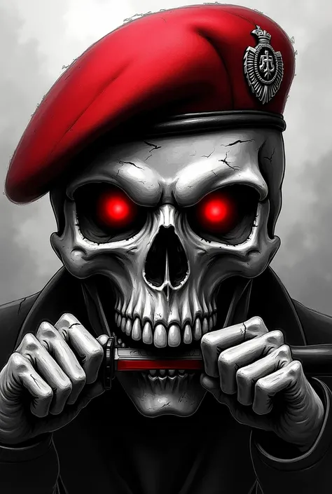 Skull with red beret of war in black and white and biting a knife and red eyes more diabolical