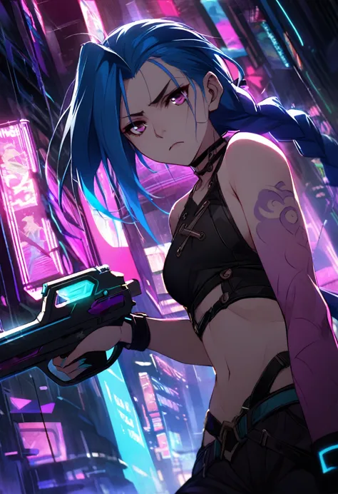 a dynamic image of an adult female character inspired by jinx from arcane, set in a futuristic neon-lit city. she has long, vibr...