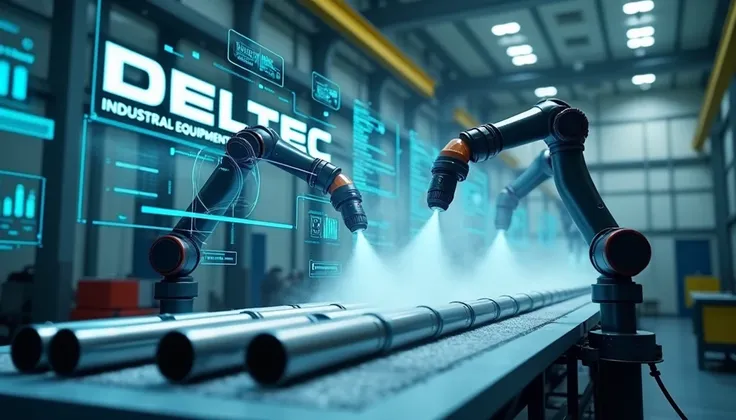 A futuristic industrial scene in a high-tech factory. Two robotic arms are strategically positioned, applying powder coating to cylindrical metallic components on a stationary conveyor belt. The robots are at a moderate distance from the pieces, releasing ...