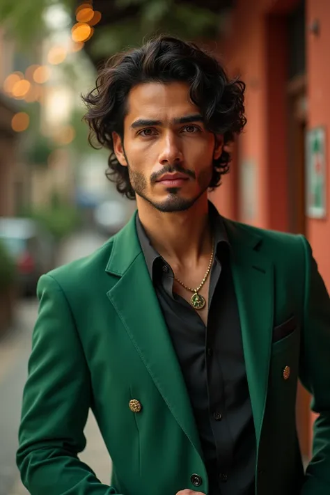  Mexico represented as a male man with dark hair , Light skin brown ,  masculine faces and charming look .  Wearing an agave green suit and after the word hola Mexico 