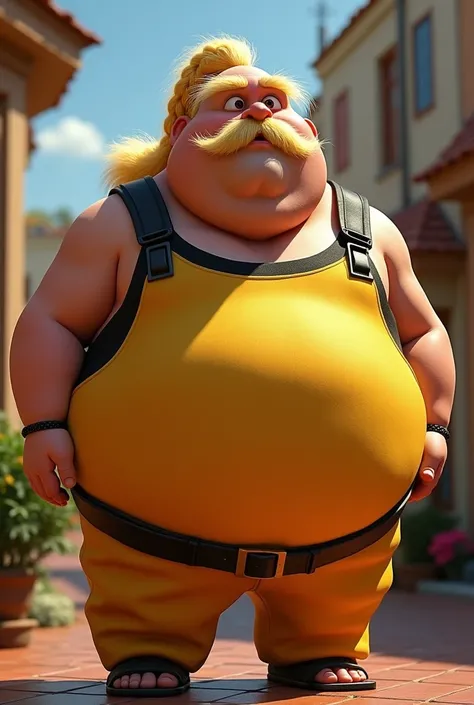 a large, very obese blond man with a long braided ponytail coming out of the top of his head and a mustache that extends down the sides of his mouth to his chin wearing a yellow and black sleeveless jumpsuit with padded shoulders with the closing straps le...