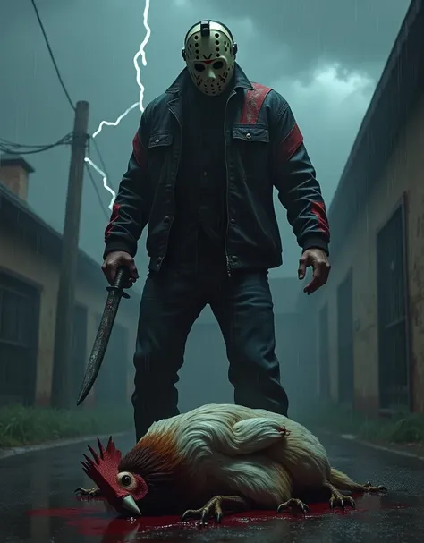 (photorealism:2.0),  Jason Voorhees in a black jacket with red and white stripes;  sticking a knife into a dead rooster on the ground , Rooster is dead and bleeding ,  Jason is angry at the rooster ,  rainy night lightning thunder fog .  The rooster is big...