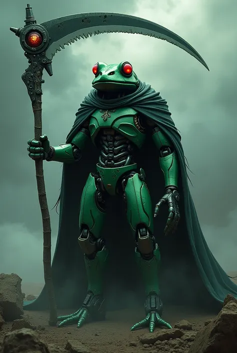 Green Robot frog grim reaper, large scythe, tattered cloak