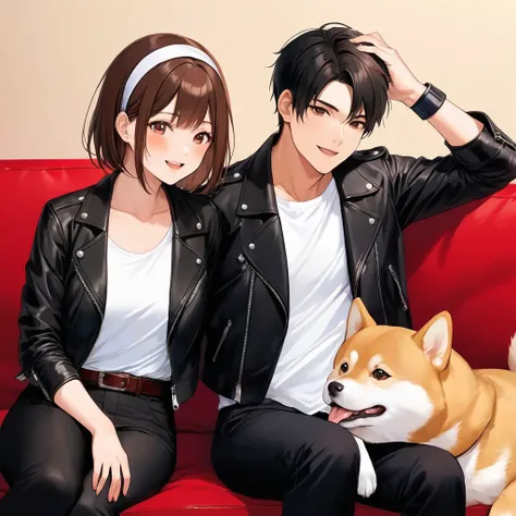 Anime couple sitting on red sofa with dog,  Couple pose ,  Visual Novel CG , Lovely couple,  manga ,  cute realistic portrait , smooth anime cg art, ig studios anime style,  anime style,  Girl Romance ,  Couple Portraits ,  visual novel key visual ,  reali...