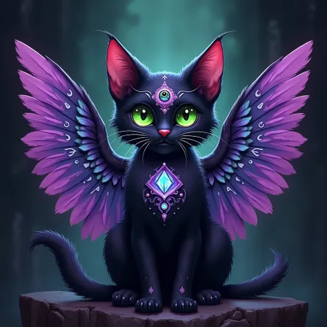 The image depicts a black cat with a mystical and ethereal appearance. It has large, expressive green eyes and a third eye symbol on its forehead. The cat is adorned with intricate patterns and designs in shades of purple, blue, and green, giving it a magi...