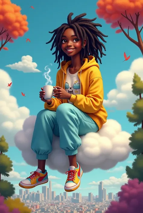 A realistic ebony girl ,19 years with ((thic rastafarian medium hair dreadlocks)) sits atop a fluffy cloud, surrounded by colorful, stylized trees. They wear a bright yellow hoodie over a graphic tee, light blue sweatpants, and vibrant sneakers. In one han...