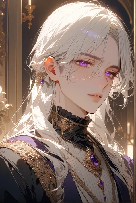 (Best quality、masterpiece、High resolution、detailed)、(Beautiful animation)、(shining eyes、detailed)､1 male, purple eyes,High resolution,masterpiece, handsome,Top quality, High detail, smooth skin, 8k, Solo,Beautiful appearance, short wave white hair,soft,25세...