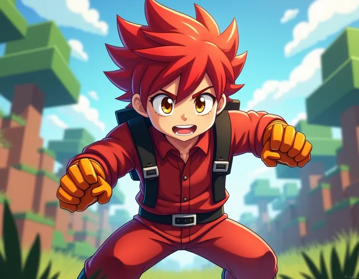 anime boy,red hair,brown eyes,red shirt,two black shoulder belt ,red pants,orange gloves,orange shoes he play minecraft