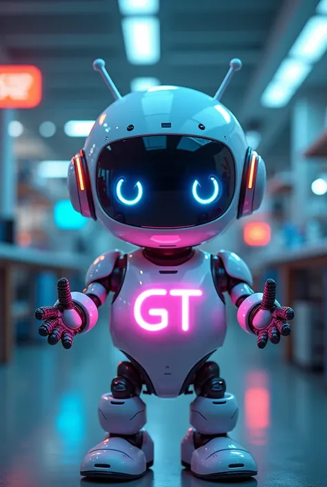 Rodot with characteristics of a cute futuristic robot showing a light and inside the light the letters GT in neon on the hands in a laboratory
