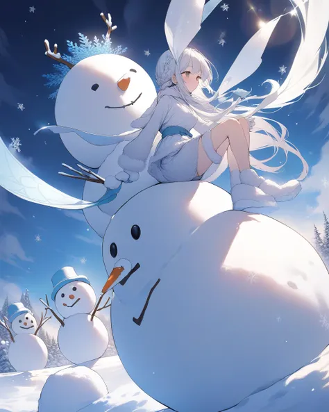 {  best quality}, { Very beautiful }, {  super detailed}, {  best illustration  }Snowman Fairy 、Active movement of a snowman、active snowman 