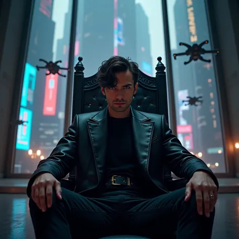 "Ultra-realistic photography in high resolution 4K. An imposing-looking man named Aether sits on a black steel throne in a minimalist room with gigantic windows revealing a dystopian city lit by neon and war drones. He has eyes that reflect the light as if...