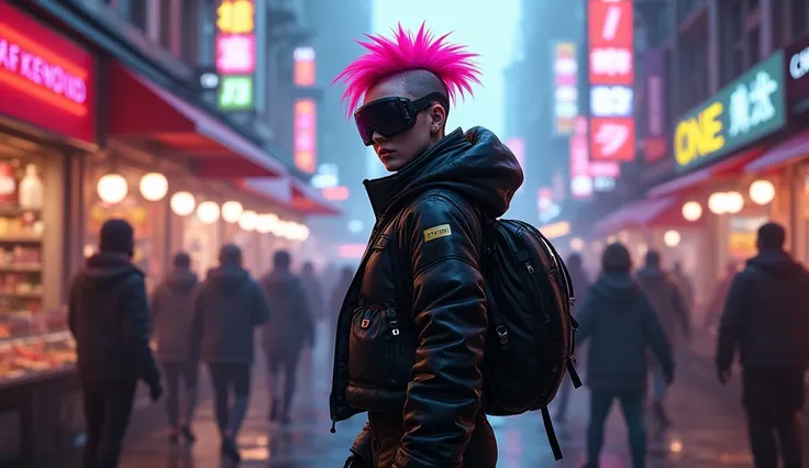 "A futuristic cyberpunk girl with a neon pink mohawk, wearing a high-tech visor and a sleek armored jacket, walking through a crowded marketplace illuminated by vibrant neon signs."