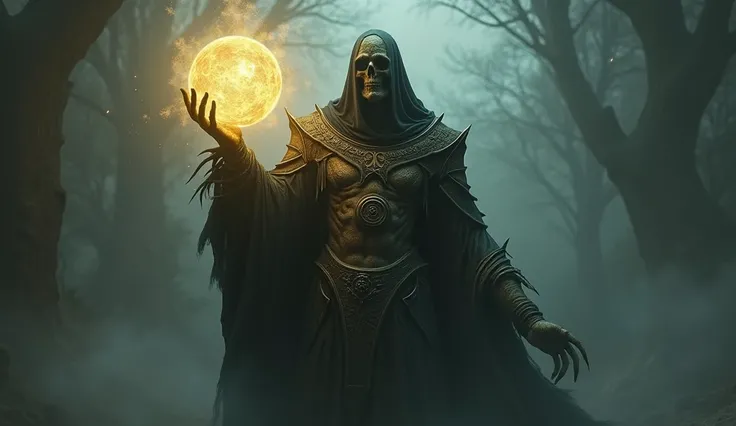 macabre gnostic being with a glowing orb in his hand