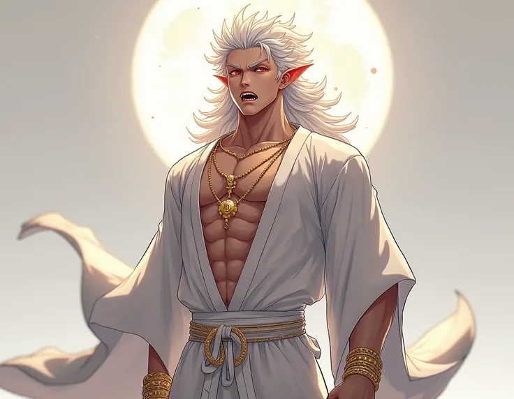  Generate an image of a male anime character

Appearance :  Blood-red eye iris , with fangs and claws , Having 1 ,89 cm tall ,  wearing Hakama Aio in white color ,  with a white silk obi belt ,  and a white tabi stocking , And a black Zori sandal without a...