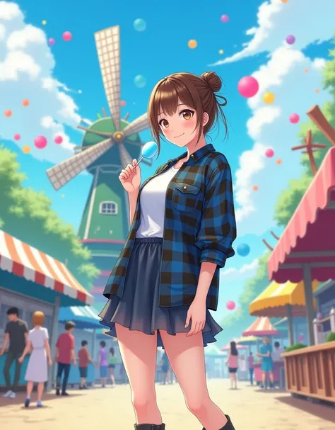 A beautiful Korean woman with brown eyes, hair in a bun with soft and well-groomed bangs, was standing in front of a large windmill with a bright blue, cloudy sky as the background and several colorful balloons floating in the air. She wore a black and blu...