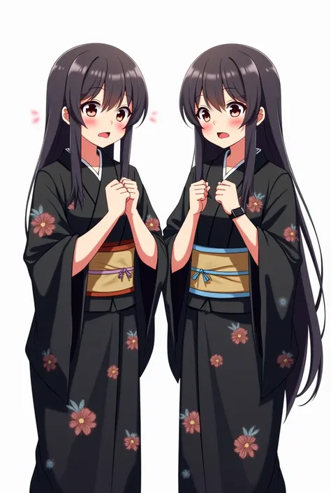 Anime sisters wearing black yukata with worried flowers and with a white background and full body and with pink nails and a black watch with their fists on their chests both hands with an emotion of nervousness and with an expression of concern and a feeli...