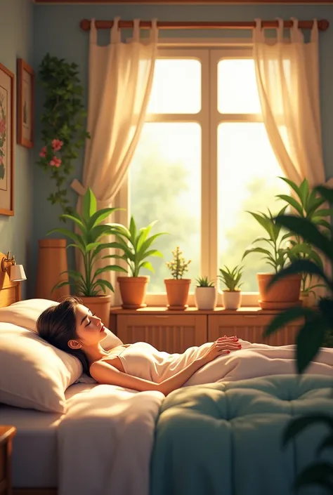 Bedroom ,indoors, soft lighting, plants in background, window with sunlight, cozy room, relaxed pose, realistic, intricate detailed 