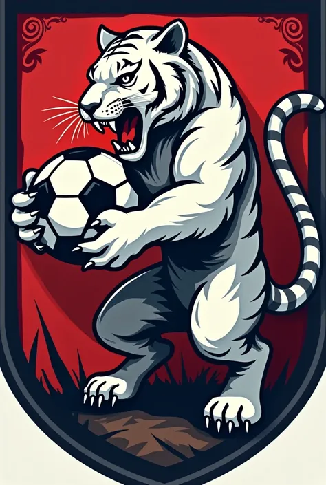 Create a soccer team shield with a white tiger holding a ball 