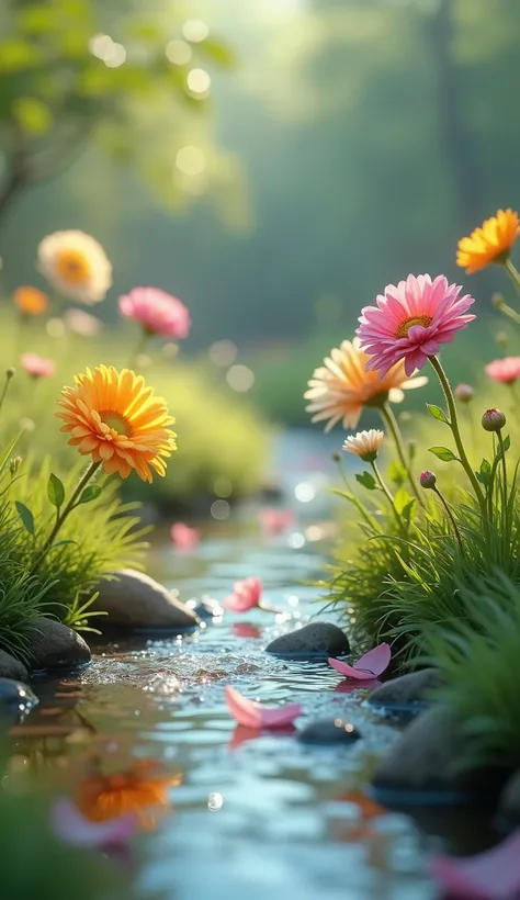 

Prompt:
"A serene natural scene with vibrant flowers of different colors gently swaying and appearing to talk with subtle facial animations (like smiling or moving petals) as they whisper. A crystal-clear stream of water flows nearby, creating soothing r...