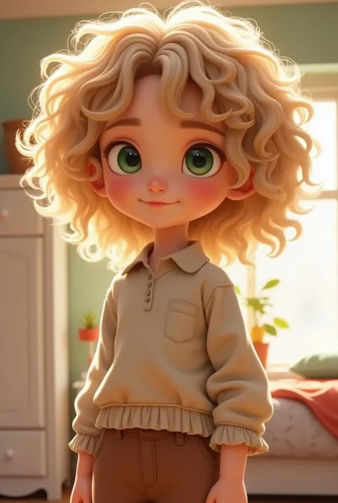  Create one with big green eyes Long curly blond hair, in a room where there is a bed , a white wardrobe,  a carpet On the floor she is standing near the bed 