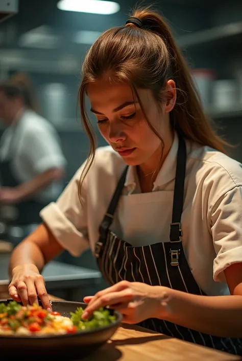 Human cook with long straight brown hair with sweat on her forehead 