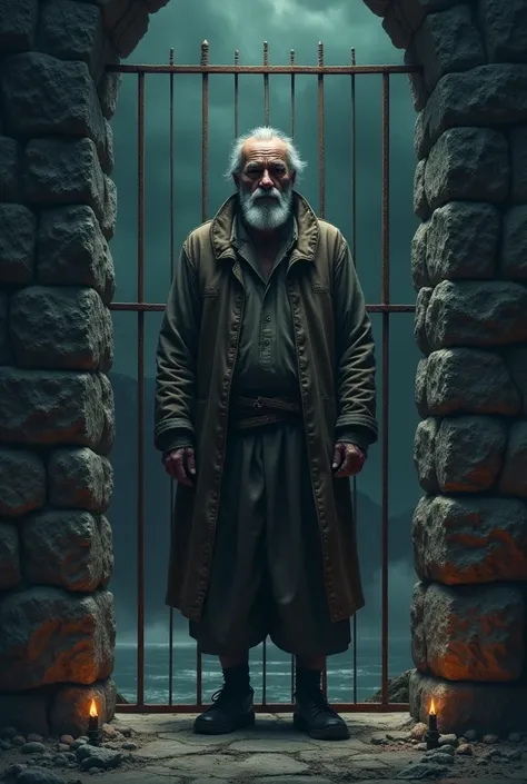 Old man trapped in a stone prison on a Roman island.  The night with a sad face , Fearful weather .