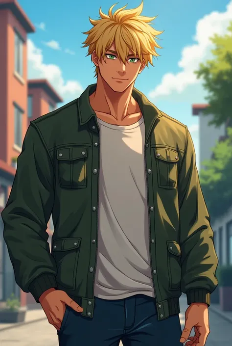 19-year-old anime man, messy blonde hair, green eyes, strong, big and fit body, tan skin, 198 centimeters tall, casual, kind. With a jacket