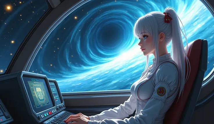 UHD,8k,slightly front side view , beautiful girl spaceship pilot sitting in the pilots seat in front of the controls, she has an earth pilot jumpsuit , holding the helm of a spaceship , and behind the cockpit glass , a huge space wormhole ( space funnel pa...