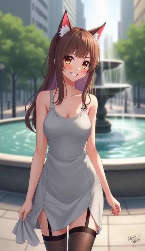 Cat girl:Urban area、In front of the fountain
Live action 、
 Sheer Dress
tank top :light grey
The color of the dress: leave it up to you
garter stockings
skirts: slit
bronze hair
facial expression : smile
Skin Exposure 40 %
Stiletto heels:red
Full body : to...