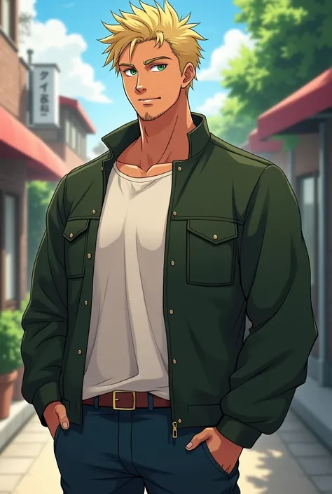 19-year-old anime man, messy blonde hair, green eyes, strong, big and fit body, tan skin, 198 centimeters tall, casual, kind. With a jacket