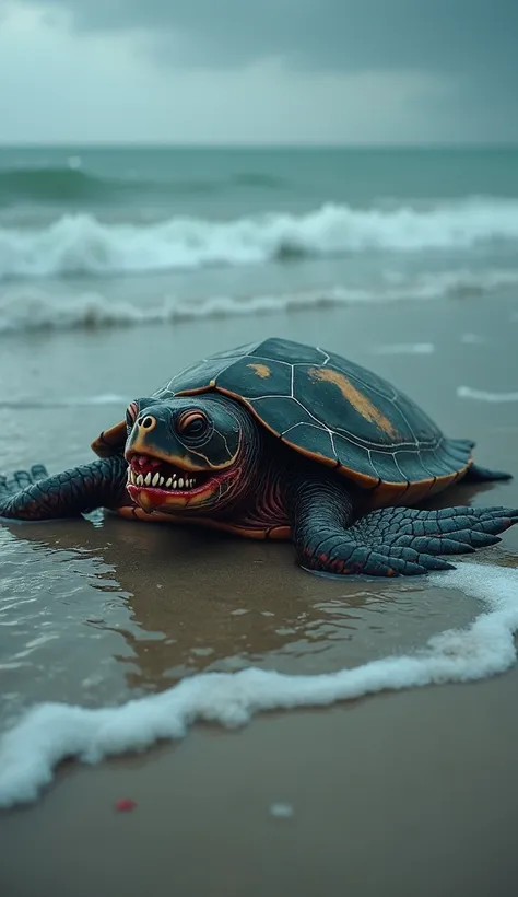 imagine a zombie turtle, it is a spirit that is floating on the beach with visible bones teeth white with blood, exposed organs and claws, it is real, the environment is rainy and with strong waves, leaving the environment with a feeling of mysticism and d...