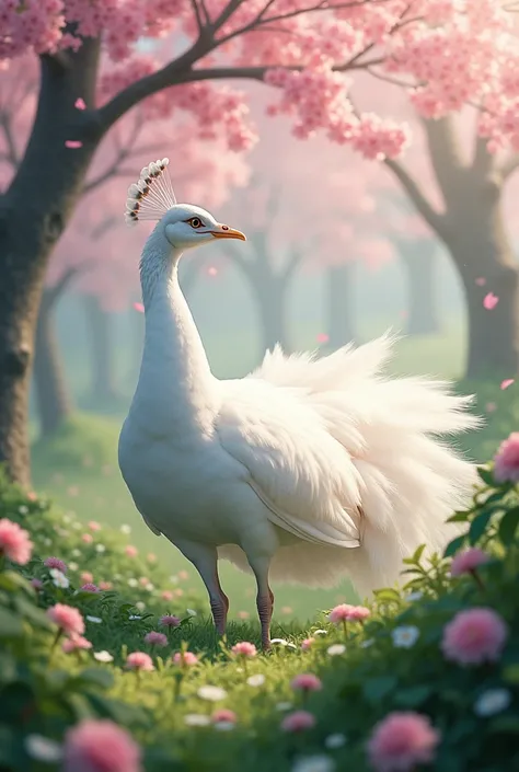 White peacock in a sakura forest