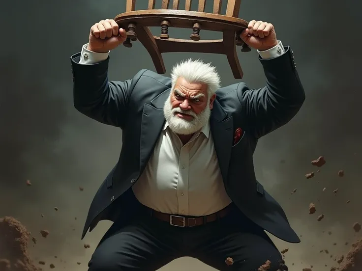 a white haired man, a little fat, With a suit,  using a chair as an attack weapon. dark background, sombrio,  fighting character, mortal kombat