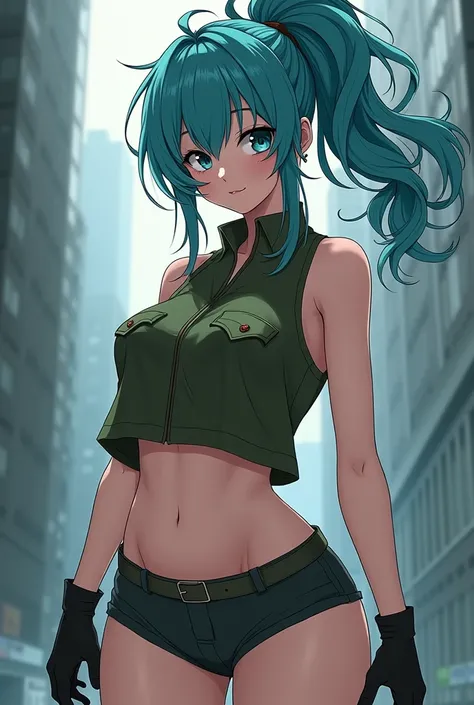 anime, Pale girl ,  blue-green hair tied in a high ponytail,  blue eyes , very messy hair ,  black gloves ,  military green clothes , short shorts, dark green short top ,  small waist ,  big thighs ,  big breasts, mini shorts, soft thighs, flat stomach, gi...