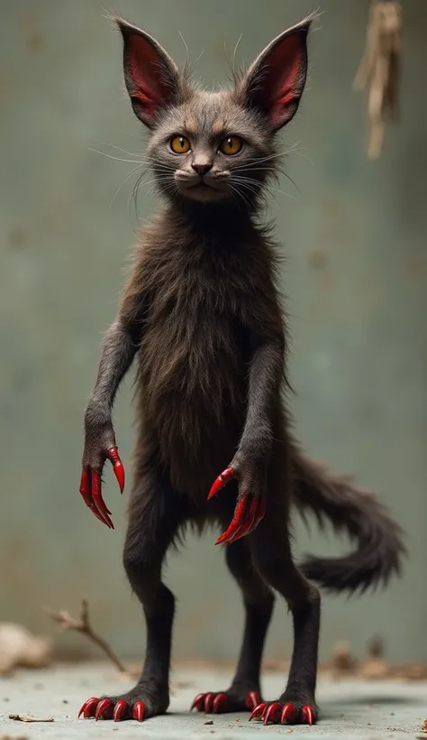 The creature looks like a cat with no eyes and no tail long hind legs on all legs long red claws in the mouth on the head of the medium-length horn slightly larger cotton ears with tassels. The creature is covered with medium dark brown hair  